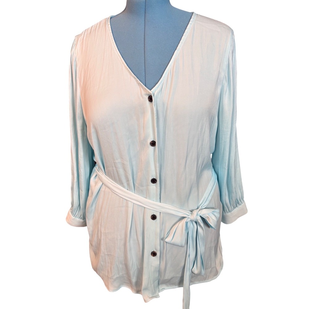 Worthington Womens‎ XL Light Blue V-Neck Button Front Tie Waist Blouse Top